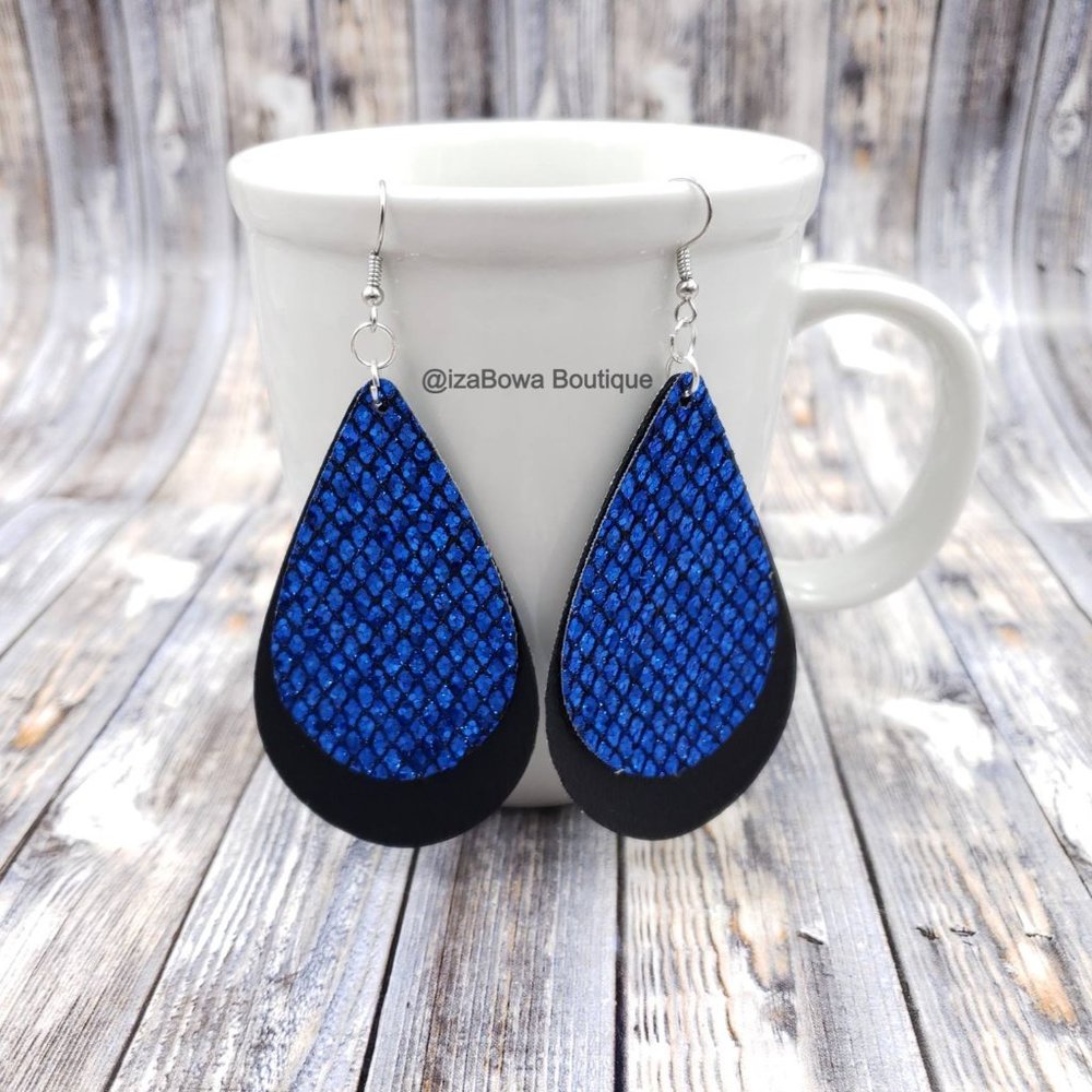 Royal & Black Chunky Glitter Double Layer Faux Leather Earring ER1656 Handmade - Picture 1 of 1